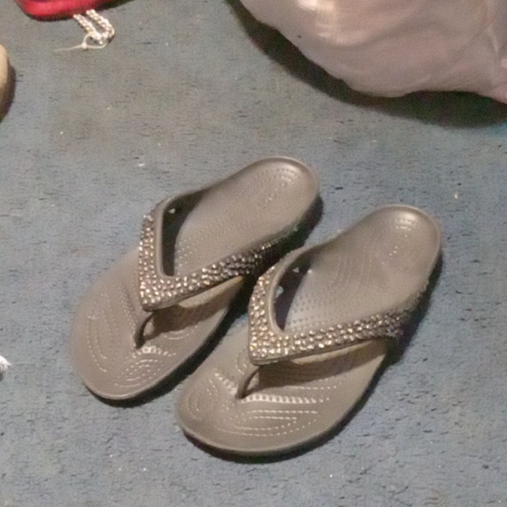 Black Studded Crocks Black Flip Flops